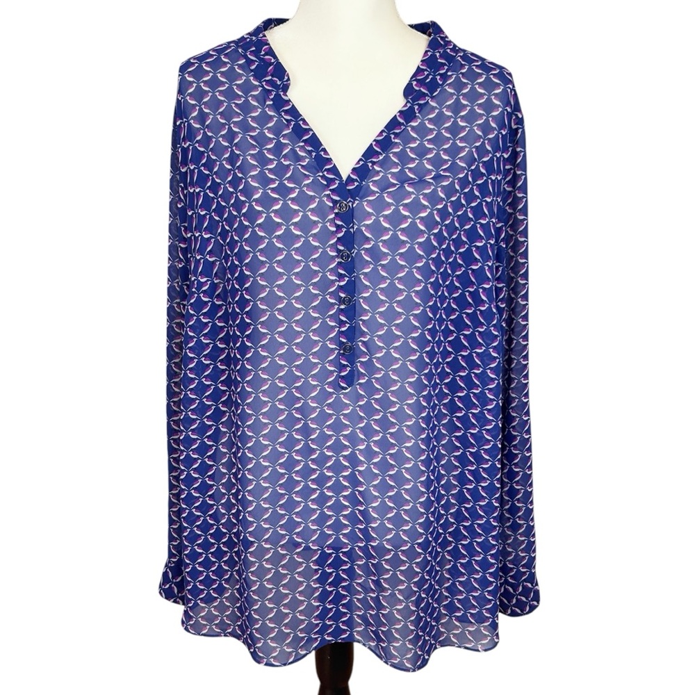 4/$25 ANA Blue and Purple bird Patterned Blouse